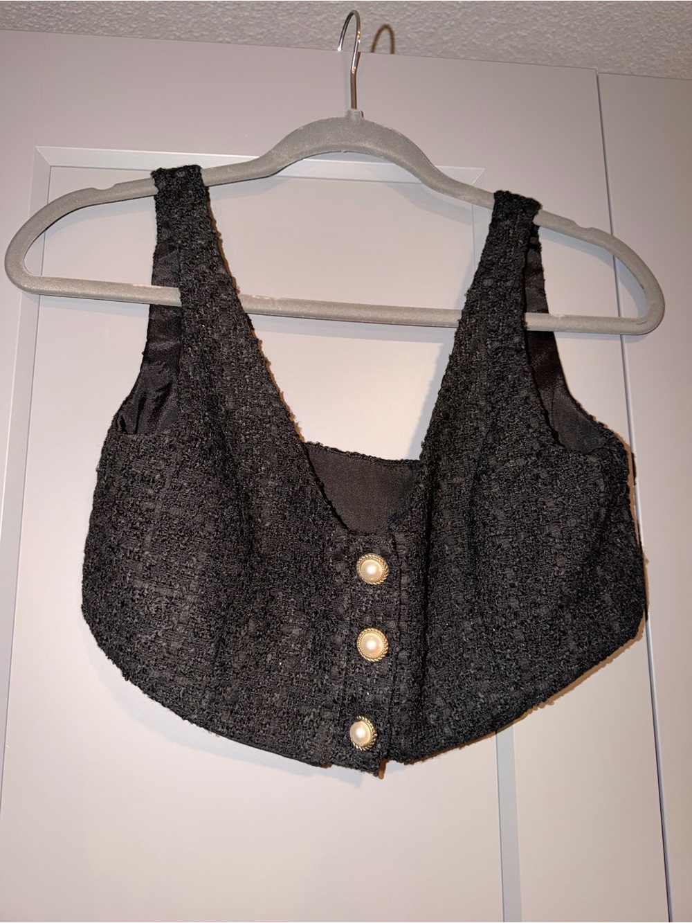 Black Tweed Pearl-Button Crop Top